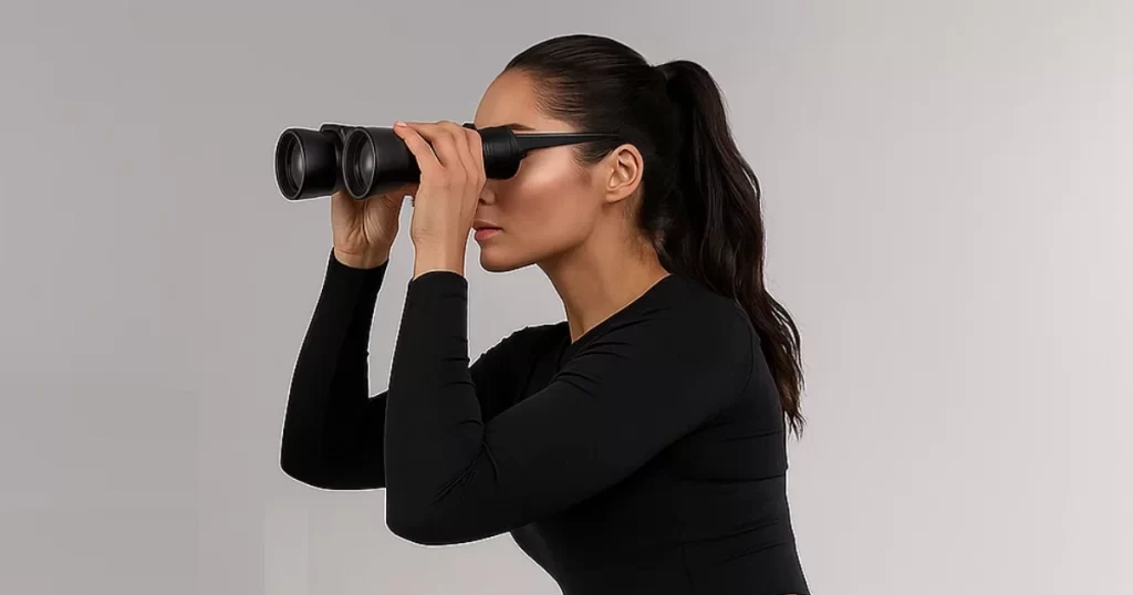 nainen testaamassa kiikareita